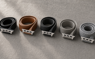 FĂŒnf aufgerollte Apple-Watch-ArmbĂ€nder auf grauem Leinen: schwarzes Silikon, braunes Leder, anthrazitfarbenes Nylon, Edelstahl-Milanaise und ein graues Flechtband, jeweils mit sichtbarem AnschlussstĂŒck. Mit KI erstellte Materialdarstellung.