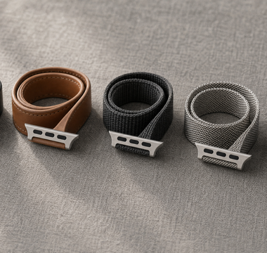 Fünf aufgerollte Apple-Watch-Armbänder auf grauem Leinen: schwarzes Silikon, braunes Leder, anthrazitfarbenes Nylon, Edelstahl-Milanaise und ein graues Flechtband, jeweils mit sichtbarem Anschlussstück. Mit KI erstellte Materialdarstellung.