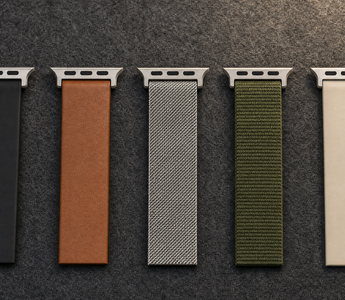 Fünf Armbandabschnitte nebeneinander auf dunklem Filz: schwarzes Silikon, braunes Leder, Edelstahlgeflecht, olivgrünes Nylon und sandfarbenes Silikon, jeweils mit Anschlussstück. Mit KI erstellte Materialdarstellung.