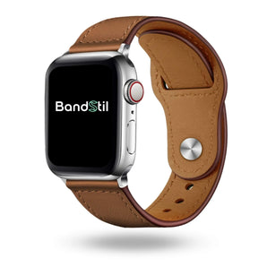 BandStil Florenz Echtlederarmband in Braun an einer Apple Watch, mit umlaufender Naht und Edelstahl-Pinverschluss