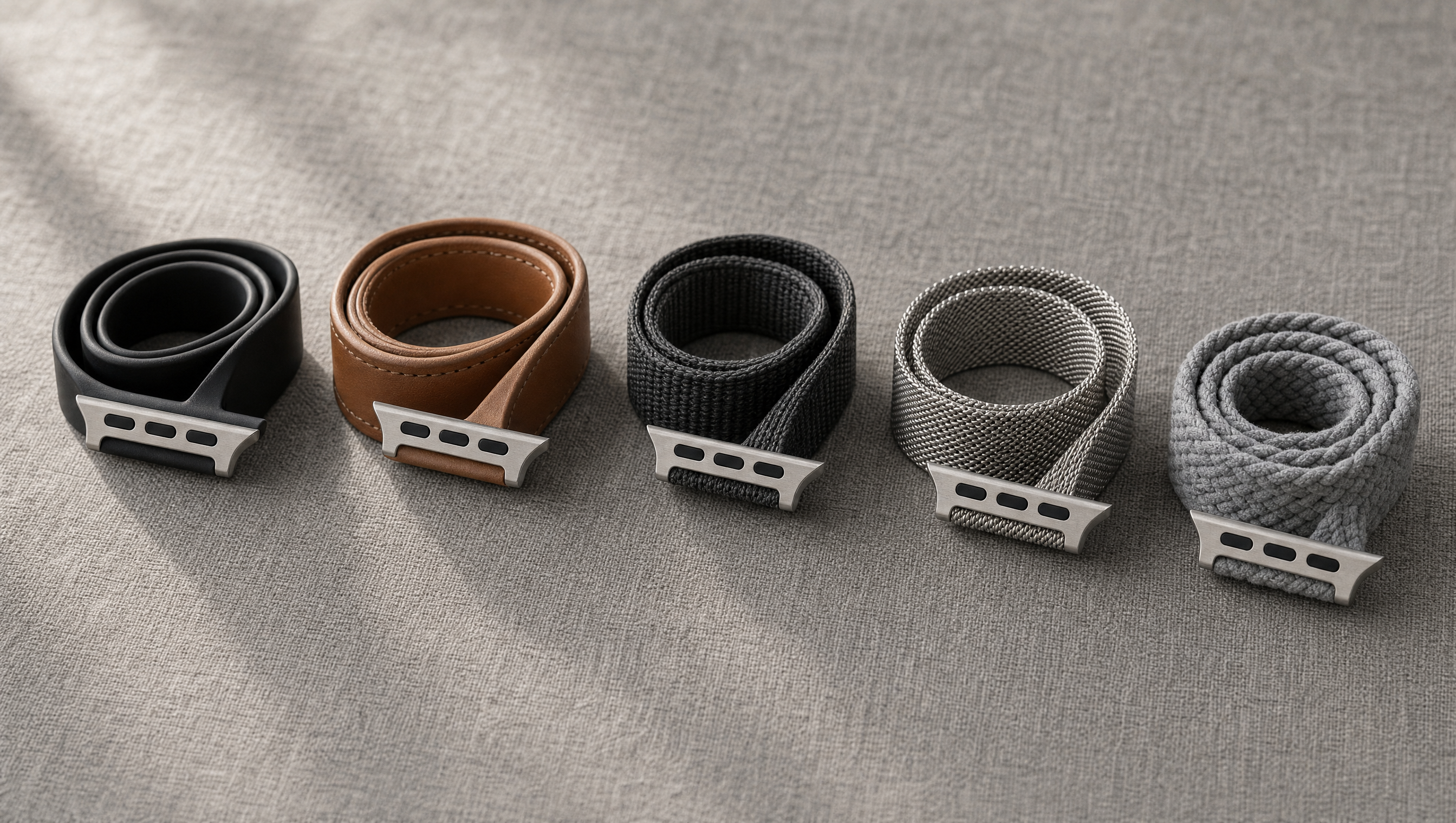 Fünf aufgerollte Apple-Watch-Armbänder auf grauem Leinen: schwarzes Silikon, braunes Leder, anthrazitfarbenes Nylon, Edelstahl-Milanaise und ein graues Flechtband, jeweils mit sichtbarem Anschlussstück. Mit KI erstellte Materialdarstellung.