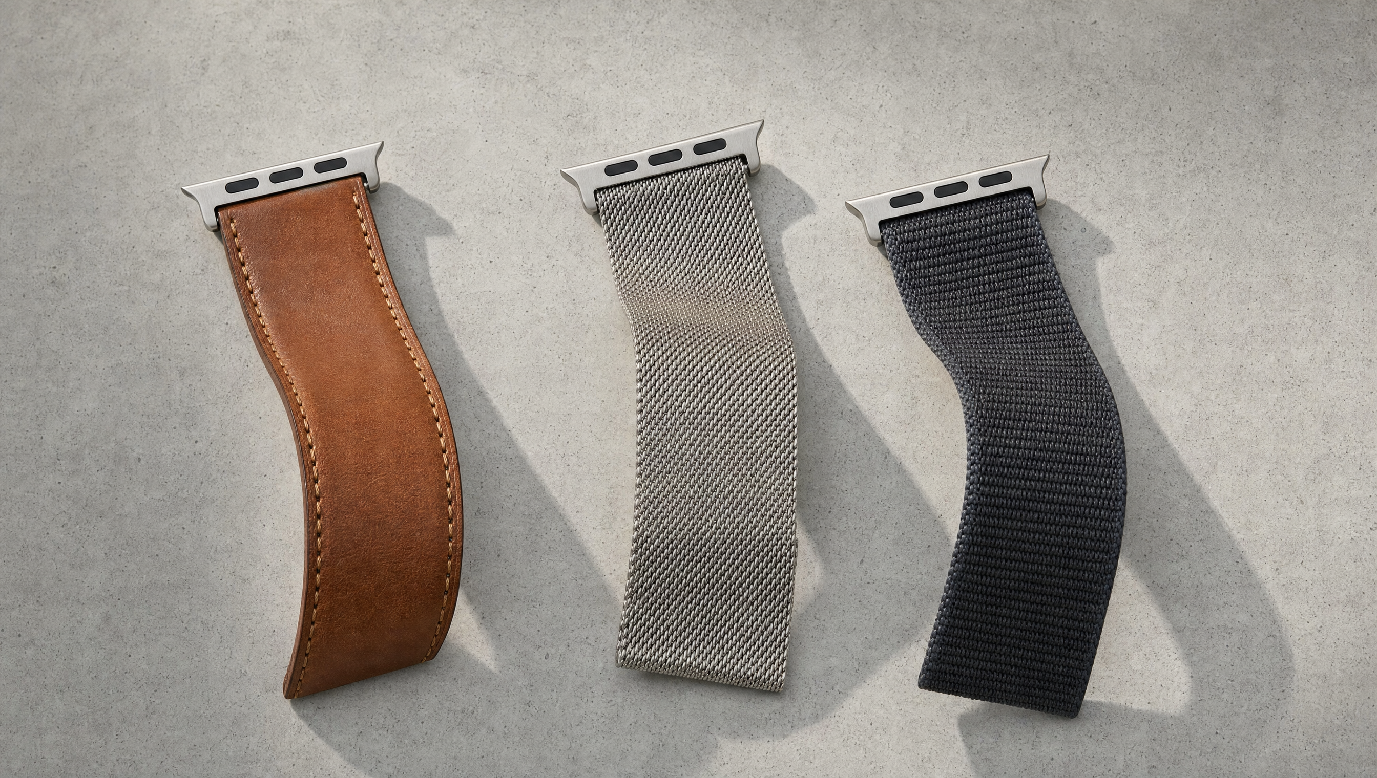 Drei Apple-Watch-Armbänder in leichten S-Kurven auf hellem Beton: cognacbraunes Leder, Edelstahl-Milanaise und anthrazitfarbenes Nylon, jeweils mit dem flachen Anschlussstück. Mit KI erstellte Materialdarstellung.