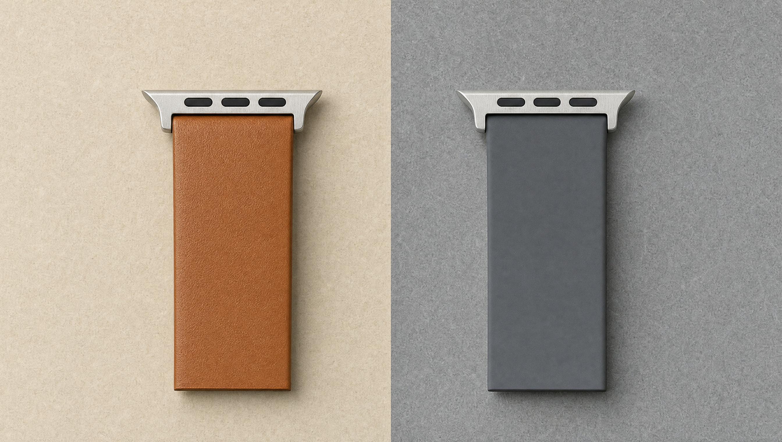 Zwei Armbandabschnitte nebeneinander auf zweigeteiltem Untergrund, links braunes Leder auf Sandton, rechts graues Silikon auf Schiefergrau, beide mit identischem Anschlussstück. Mit KI erstellte Materialdarstellung.